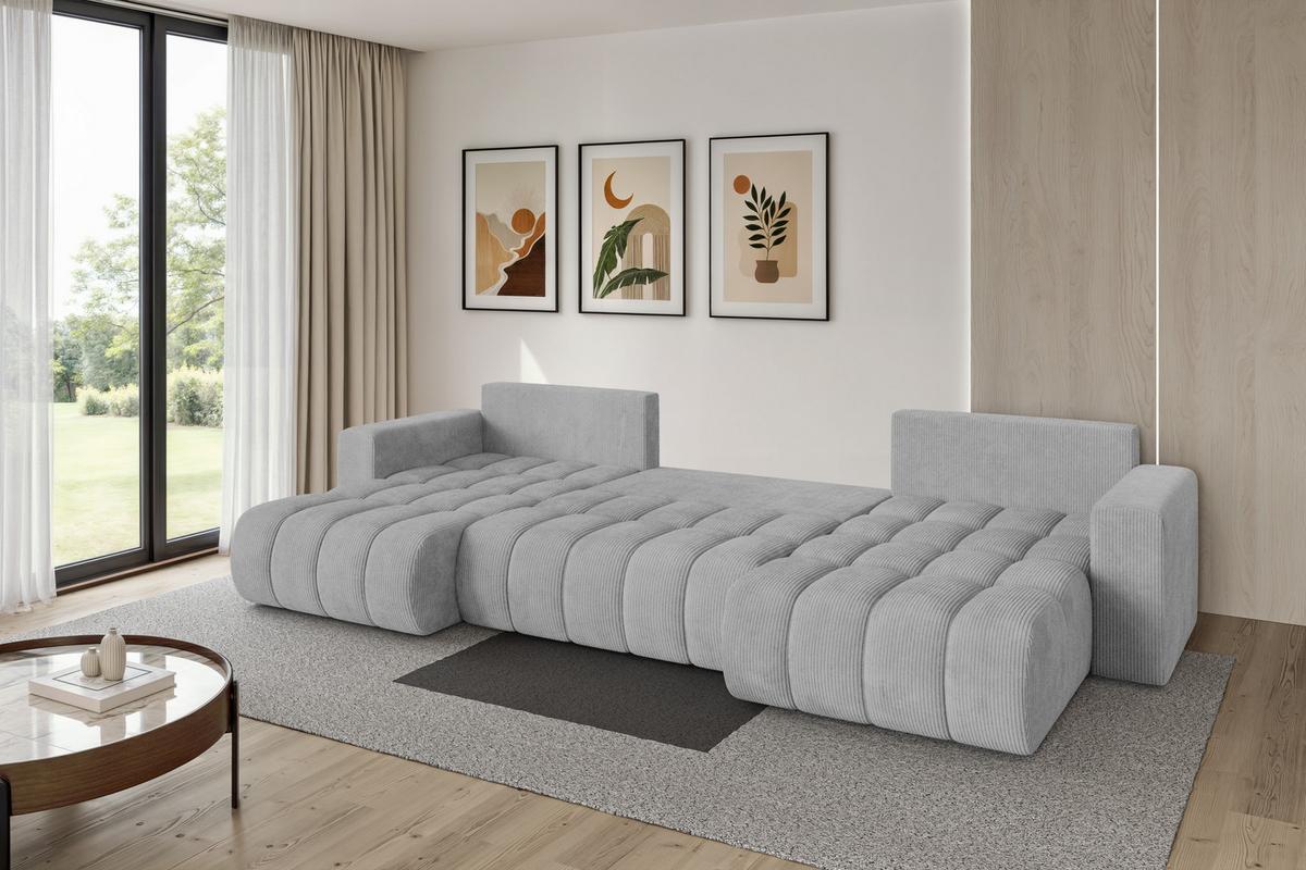 WOHNLANDSCHAFT mit Schlaffunktion und Bettkasten MILA-U-v1 378x194x86 Grau Cord - Schwarz/Grau, Holzwerkstoff/Kunststoff (378/86/194cm) - ALTDECOR