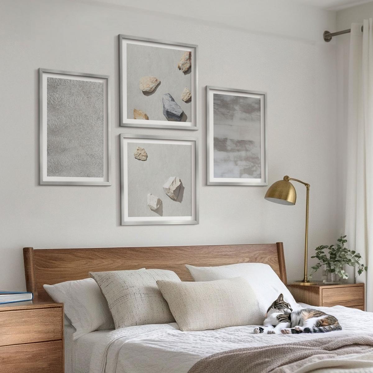 BILDER SET 4er Set - 50x50 cm & 40x60 cm Silberner Rahmen - Moderne minimalistische Texturen - Silberfarben, Kunststoff (50/50cm) - TULUP