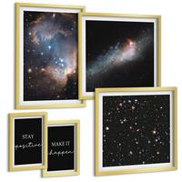 BILDER SET 5er Set - 50x50 cm & 20x30 cm & 40x60 cm Goldrahmen - Motivationsslogans Sterne Weltraum - Goldfarben, Kunststoff (40/60cm) - TULUP