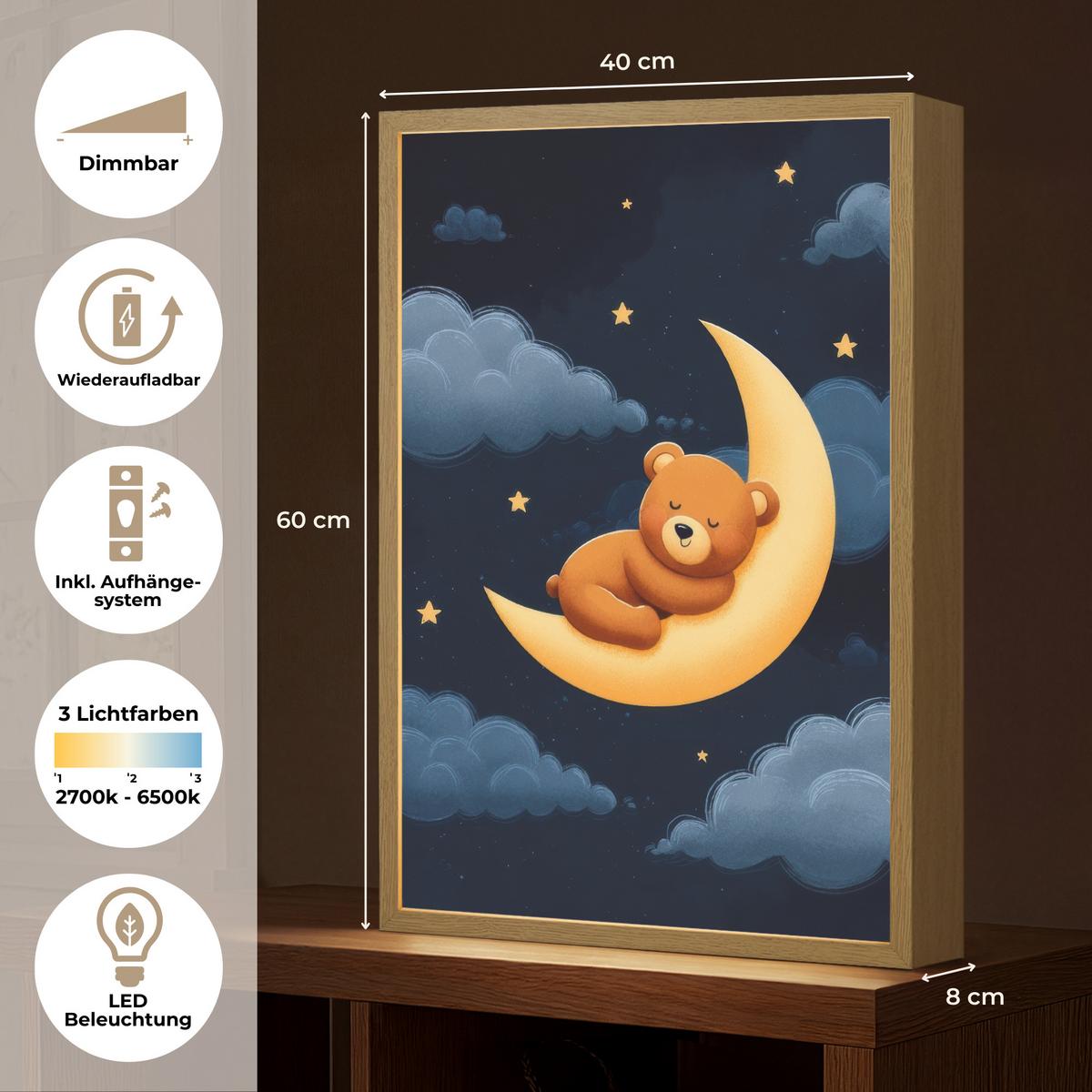 NACHTTISCHLAMPE MIT AKKU Teddybär - Mond - Wolken - Sterne 40x60 cm - Dunkelblau, Holzwerkstoff (8/40/60cm) - OnlyWow