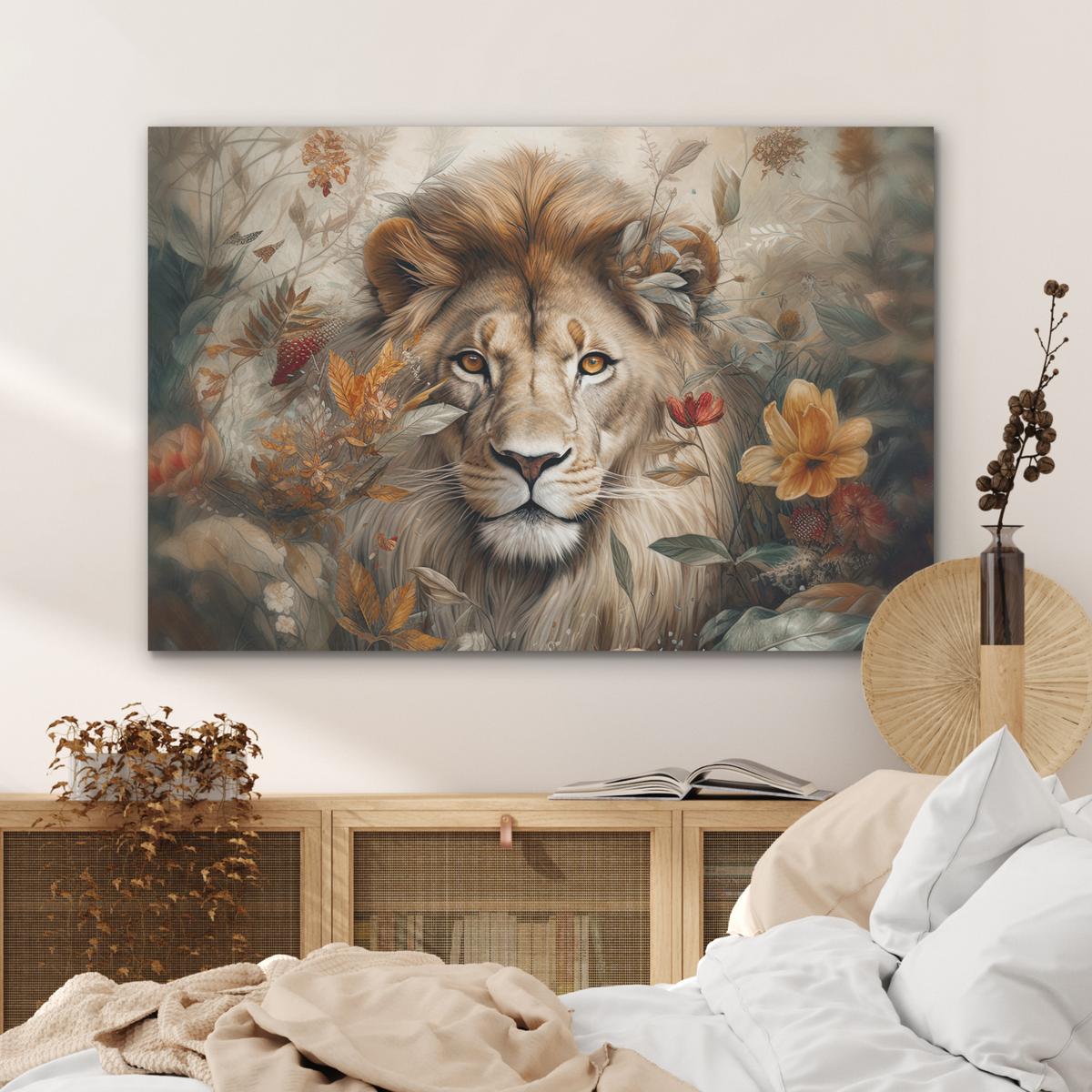 AKUSTIKBILD Löwe - Wildtiere - Pflanzen - Natur - Blumen Akustikpaneele 90x60 cm - Beige, Kunststoff (90/60/0.9cm) - MuchoWow