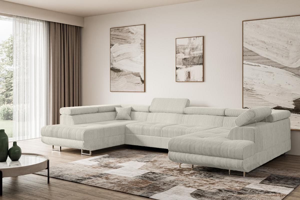 WOHNLANDSCHAFT mit Schlaffunktion und Bettkasten GUSA-U 342x202x107 cm Creme Cord - Silberfarben/Hellgrau, Holzwerkstoff/Textil (342/107/202cm) - ALTDECOR