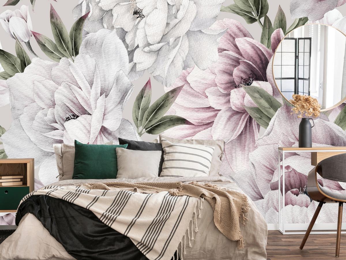FOTOTAPETE für Schlafzimmer Pastell Pfingstrosen Boho Pflanzen 450x315 - Violett/Rosa, Papier (450/315cm) - Muralo