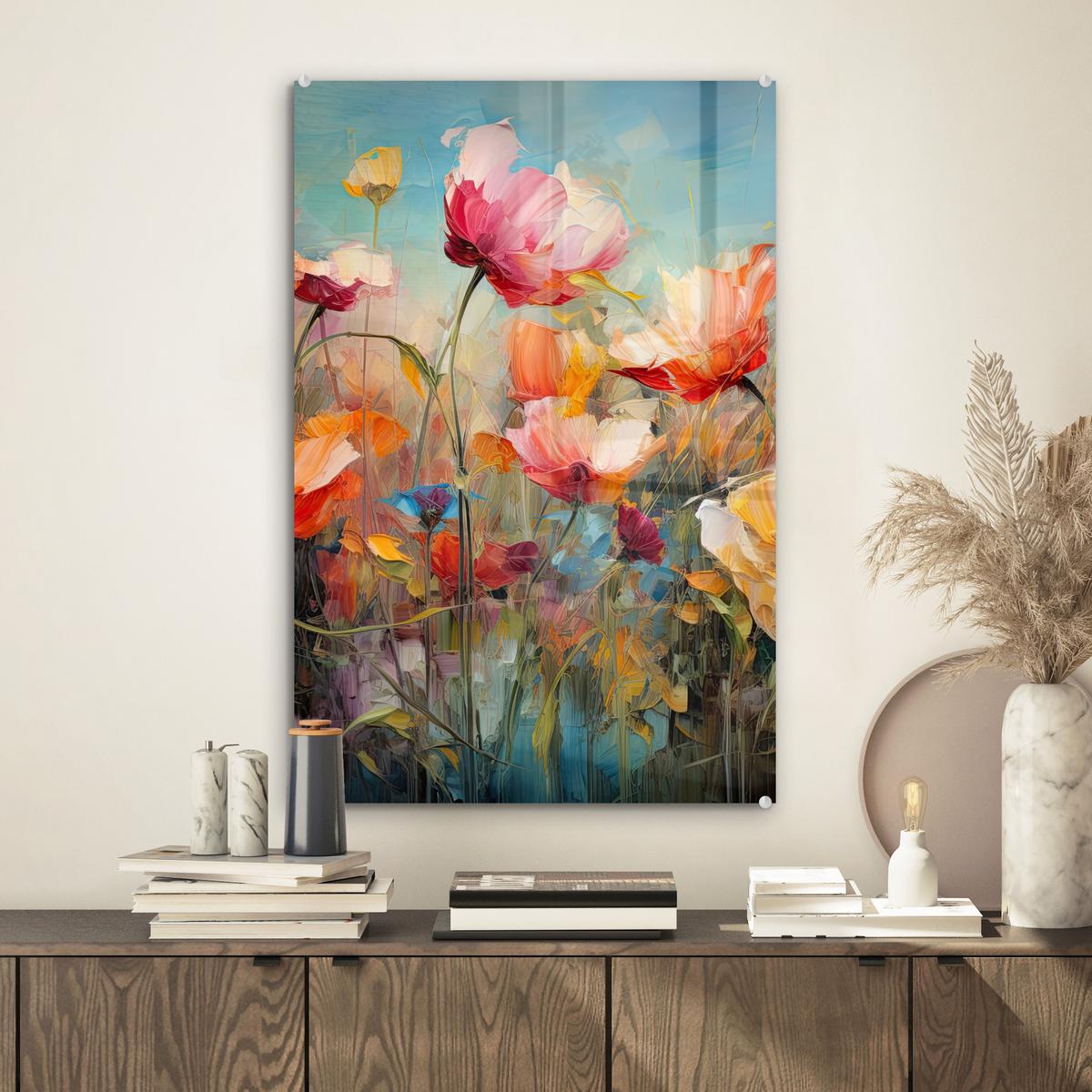 ACRYLGLASBILD Blumen - Aquarell - Kunst - Botanisch - Natur Wanddeko Wohnzimmer 40x60 cm - Orange, Glas (40/60cm) - MuchoWow