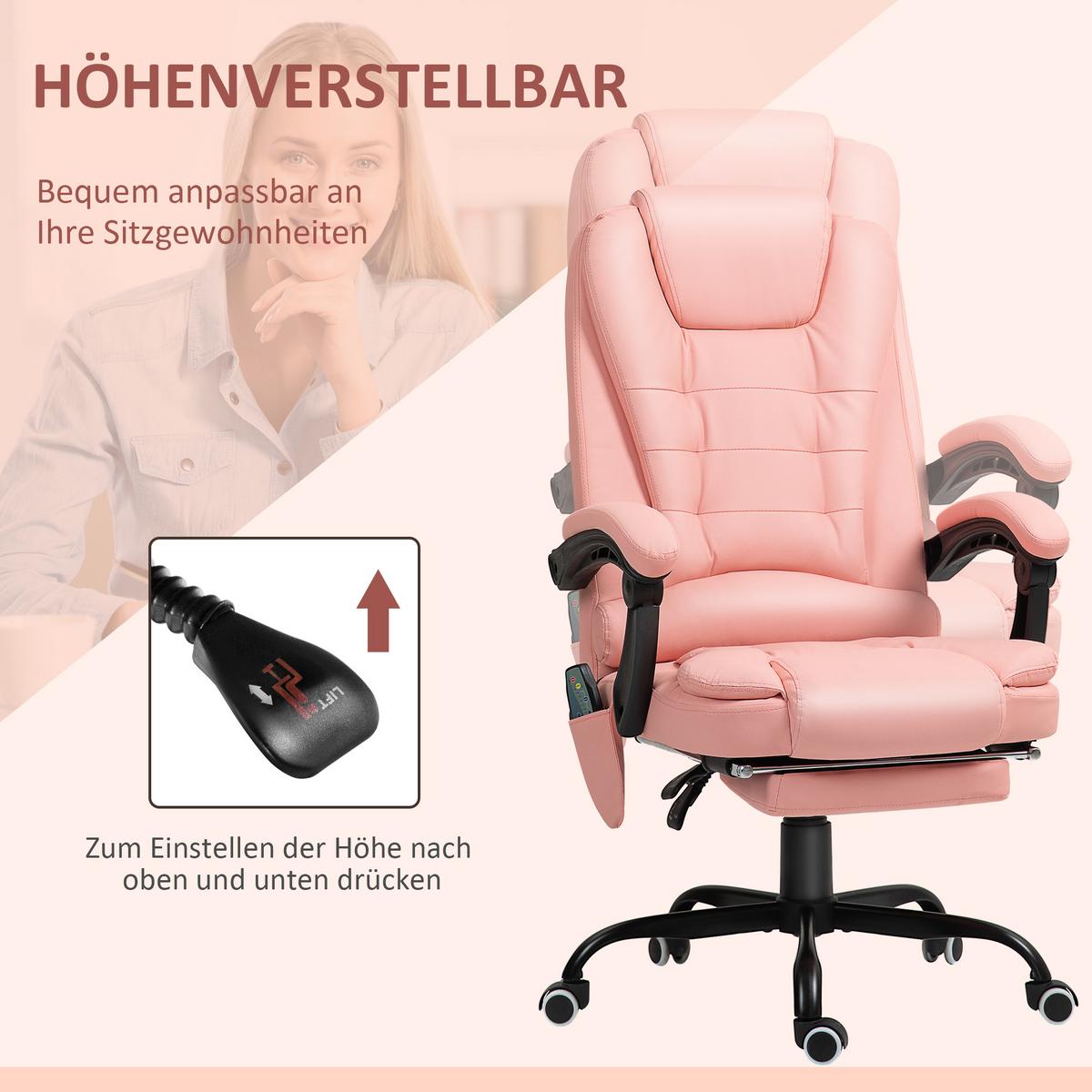 CHEFSESSEL mit 7 Punkt Massage, ergonomischer Gaming Sessel mit Liegefunktion - Schwarz/Rosa, Kunststoff/Metall (67/121/79cm) - Vinsetto