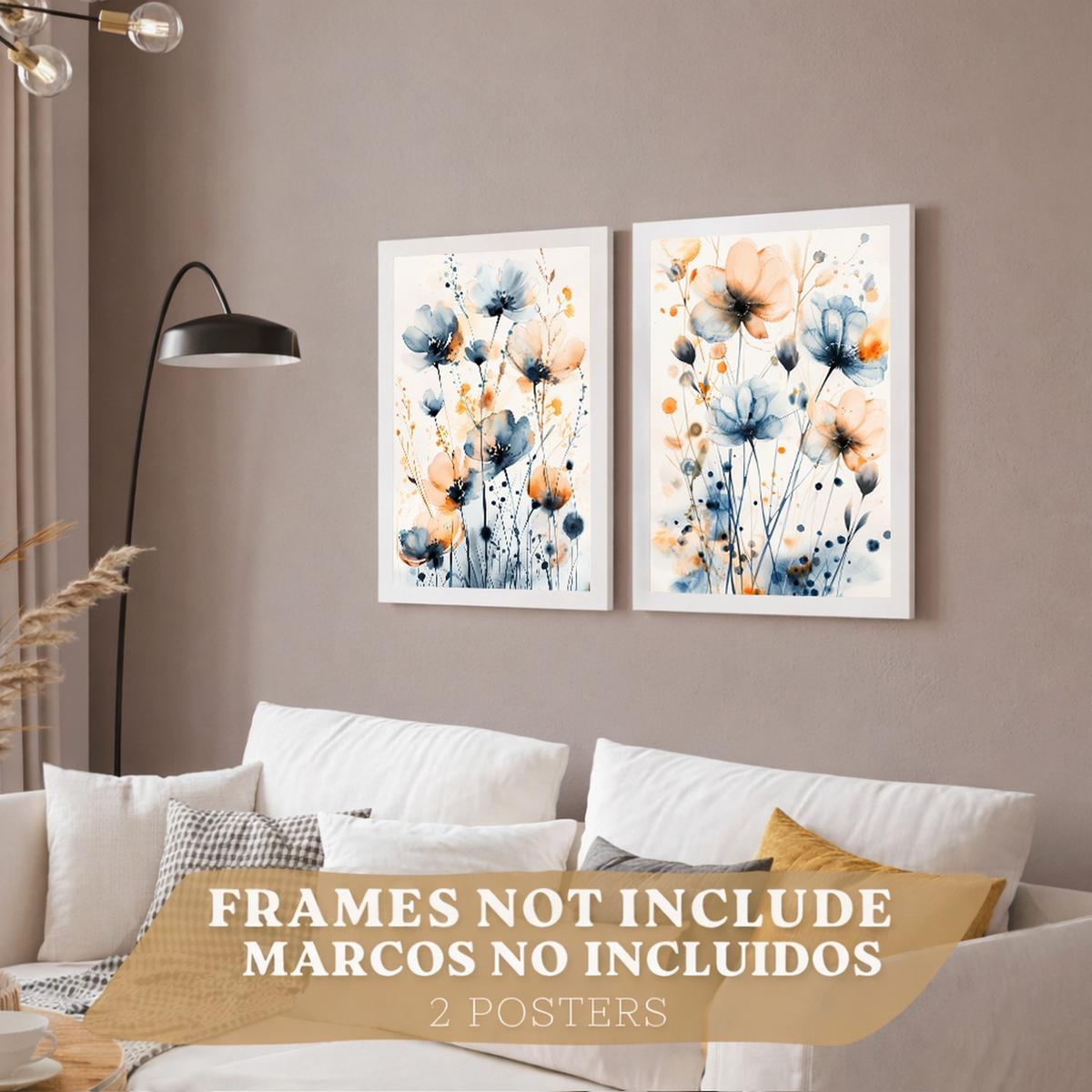 POSTER 2er -Set Wandbilder Blumen Blau Orange Boho modern Wohnzimmer Deko, Schlafzimmer, Küche, Badezimmer Rahmenlos A3 - Klar, Papier (29.7/1/42cm) - Nacnic