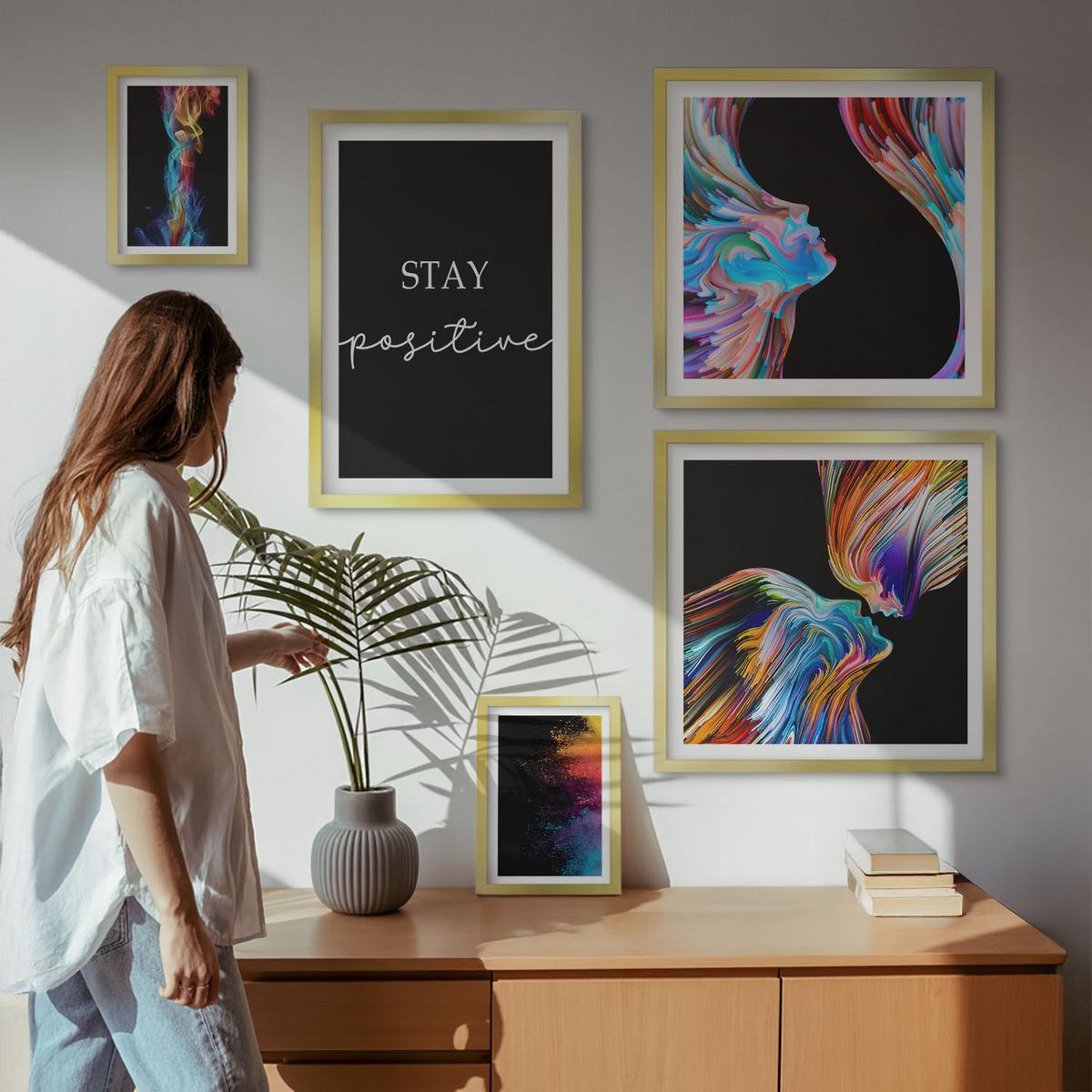 BILDER SET 5er Set - 50x50 cm & 20x30 cm & 40x60 cm Goldrahmen - Rosa geometrische Pfingstrosen - Goldfarben, Kunststoff (40/60cm) - TULUP