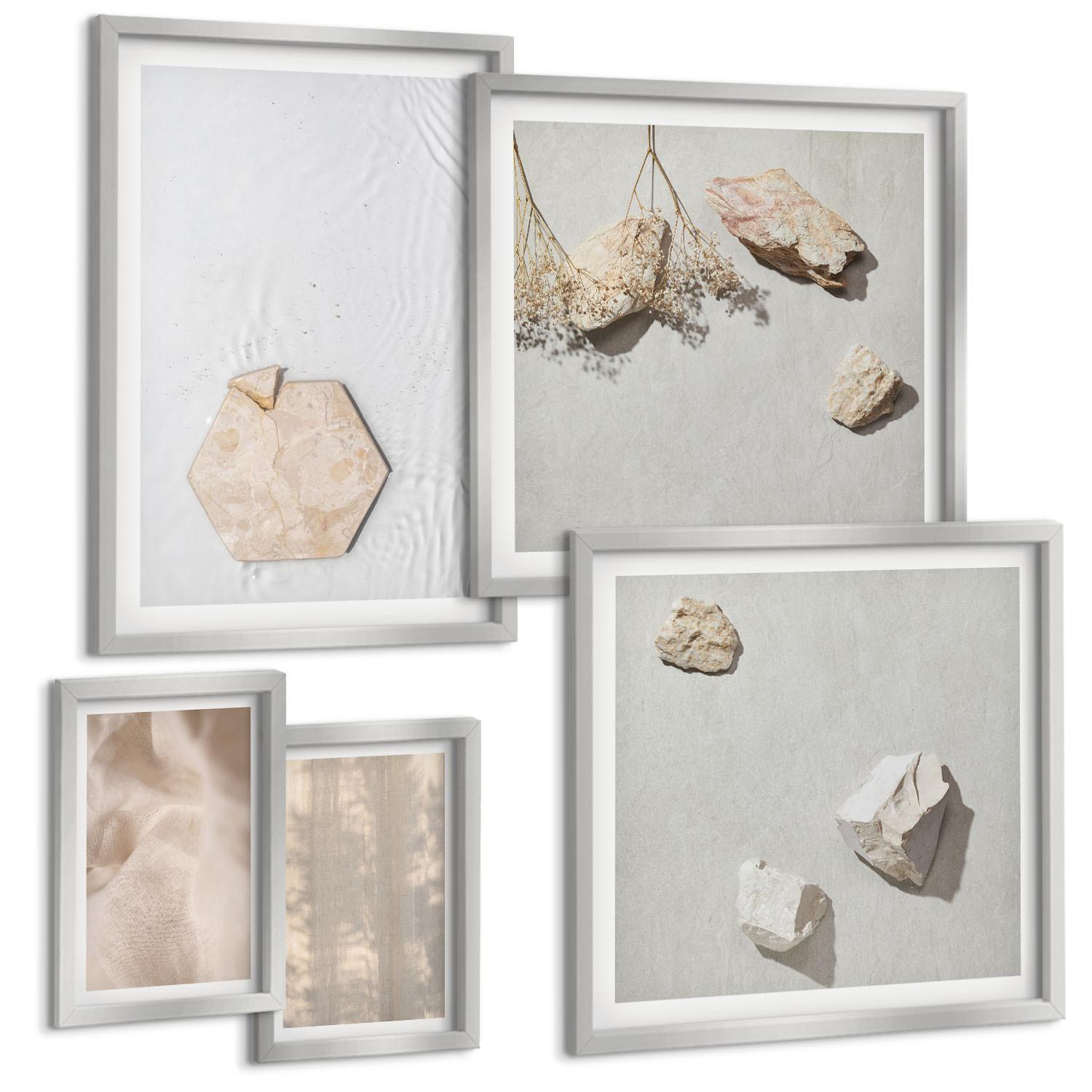 BILDER SET 5er Set - 50x50 cm & 20x30 cm & 40x60 cm Silberner Rahmen - Dezente Boho-Naturtexturen - Silberfarben, Kunststoff (40/60cm) - TULUP