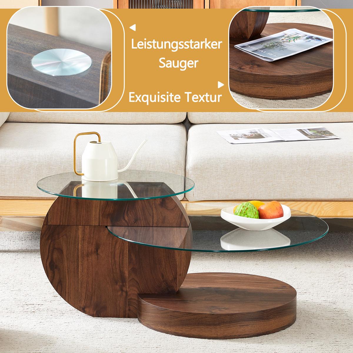 COUCHTISCH glas walnuss mehrstufig stauraum - Walnussfarben, Holzwerkstoff (70/90/44cm) - Urban Meuble