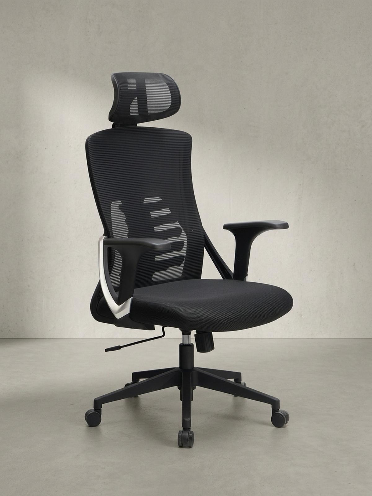 BÜRODREHSTUHL Schwarz Mesh mit Wippmechanik, Kopfstütze und 4-fach Lordosenstütze ASTRA - Schwarz, Kunststoff/Textil (65/123/65cm) - KADIMA DESIGN