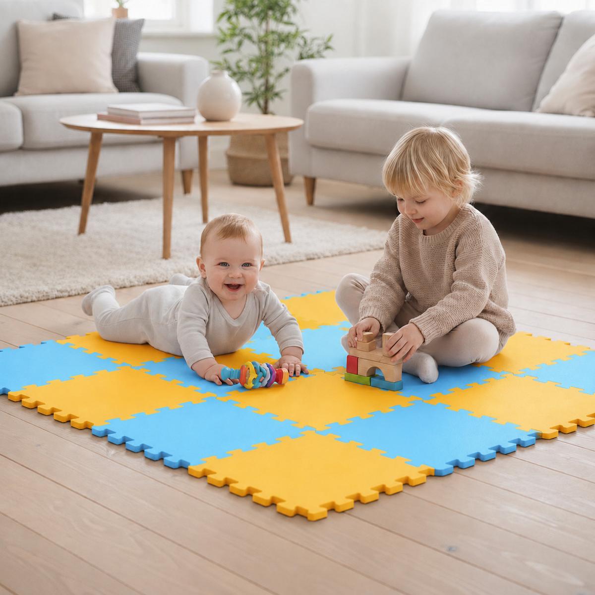 SPIELMATTE ab Null - 180/90/1 cm Puzzlematte Blau - Gelb/Hellblau, Kunststoff (30/30cm) - Littletom