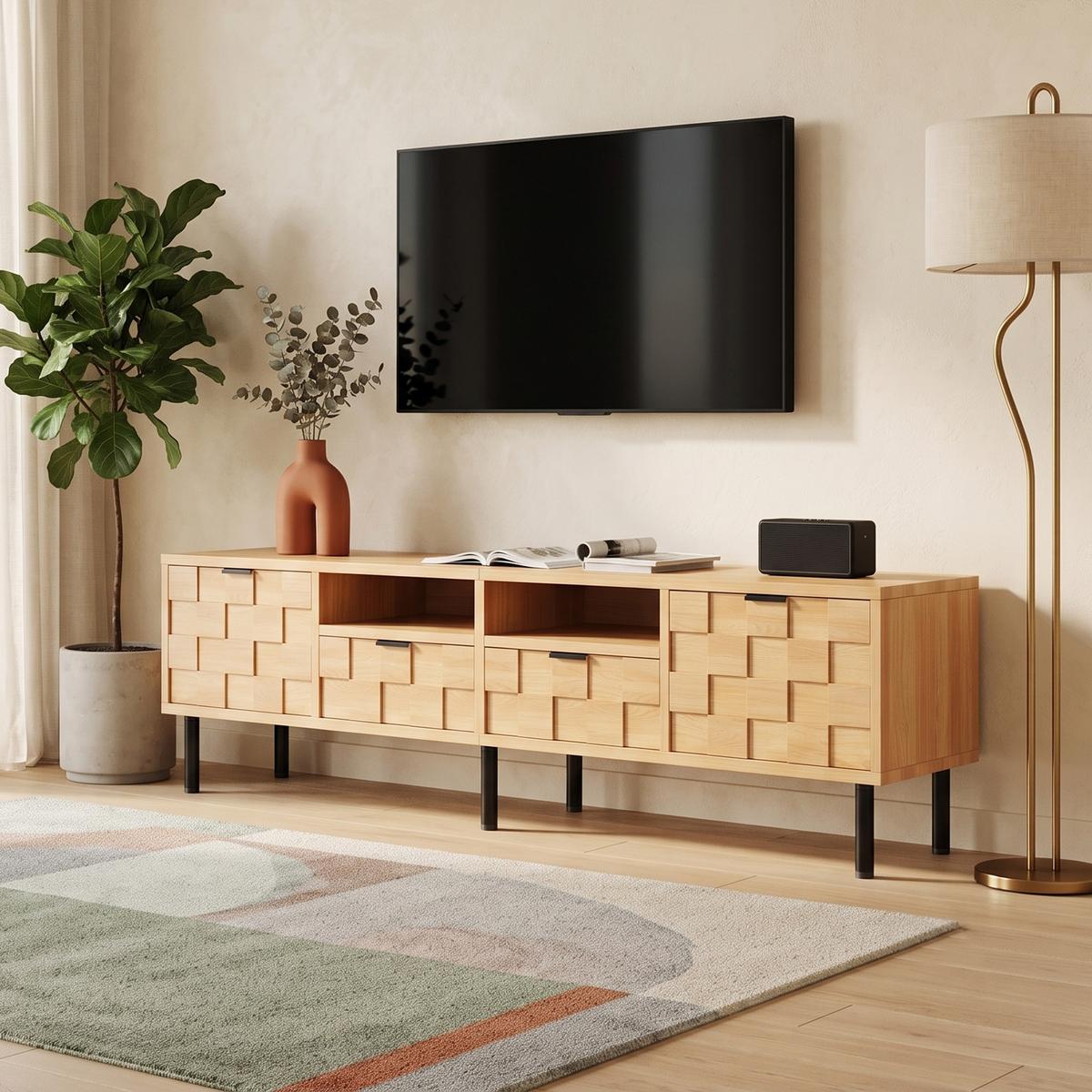 LOWBOARD Naturholzoptik 200cm für 80 Zoll TV, 3D-Dekor, 2 Türen & 2 Schubladen - Naturfarben, Holzwerkstoff (200/44.5/35cm) - Urban Meuble