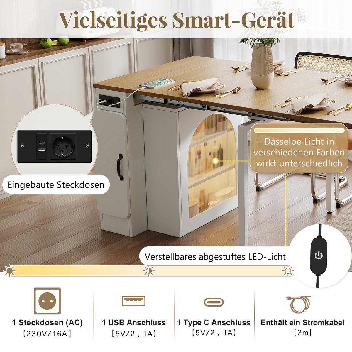 KÜCHENINSEL Mobile & Ausziehbarer Esstisch (4-in-1) mit LED - Weiß, Glas/Holzwerkstoff (83/77/40cm) - Urban Meuble