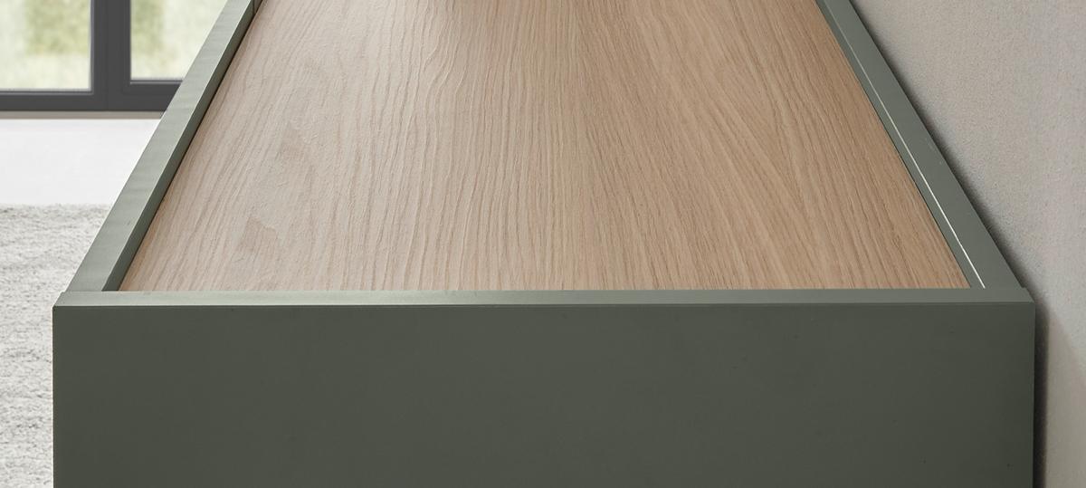 WOHNWAND in Salbei Grün mit Eiche, Wohnzimmer Fernsehschrank mit 300 cm TV Lowboard, gesamt 300 x 190 cm - Salbeigrün/Eichefarben, Holz/Holzwerkstoff (300/190/30cm) - Furn.Design