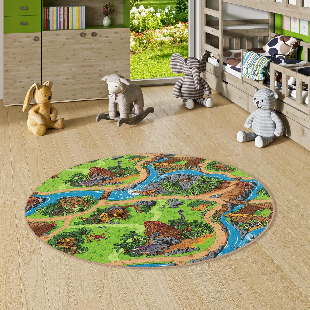 KINDER SPIEL STRASSEN TEPPICH DINO WELT RUND - Grün, Textil (160/160cm) - Snapstyle