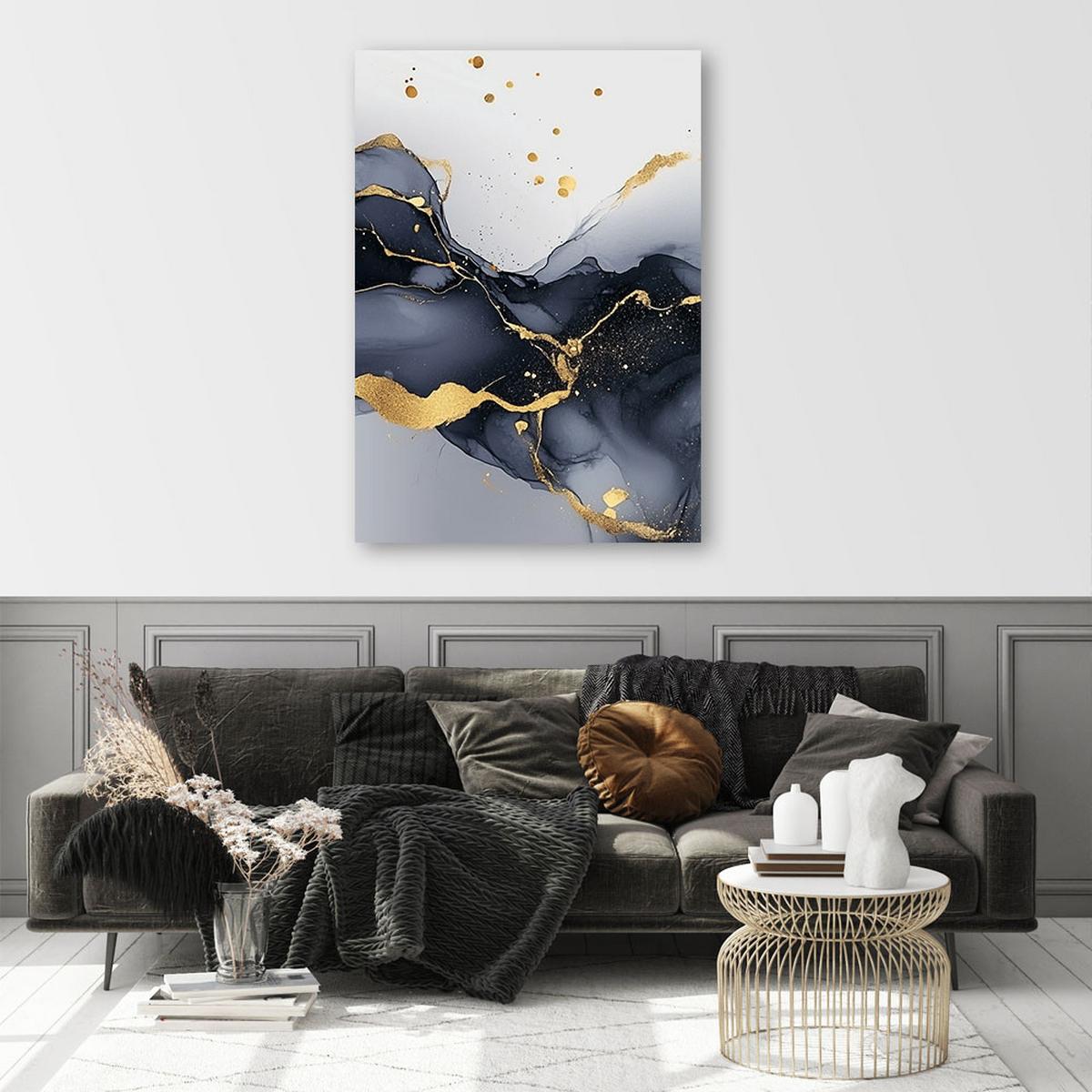 LEINWANDBILD Schwarz-weißer Marmor mit Gold 60x90cm - Grau, Textil (60/90cm) - Feeby