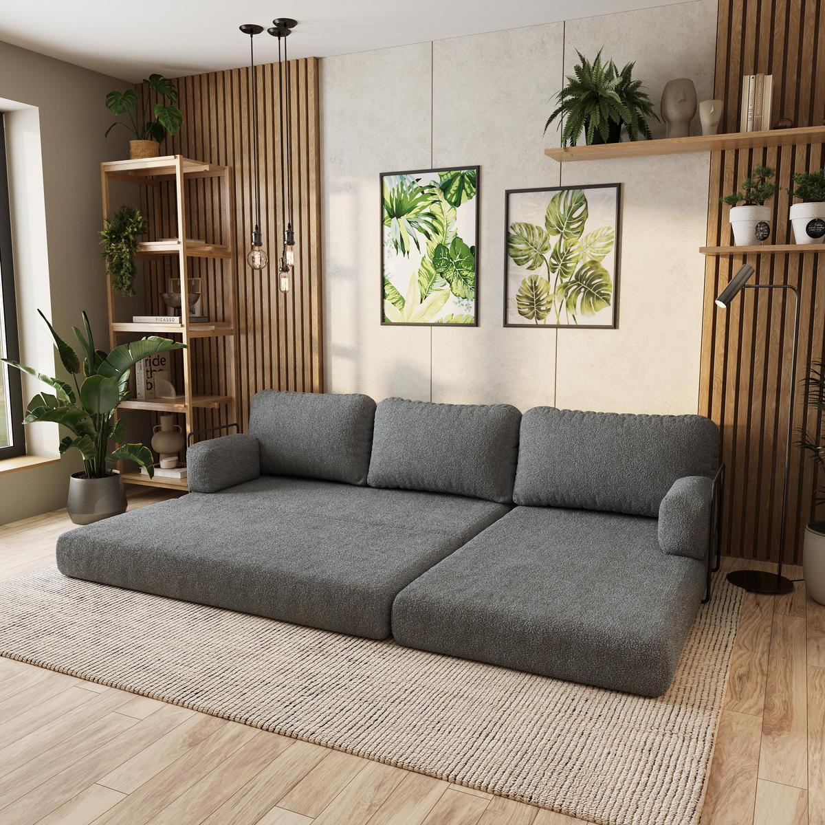 ECKSOFA LEA modulares Boneless Sofa mit Schlaffunktion Grau Boucle-Stoff - Grau, Textil (270/160cm) - MASSENO