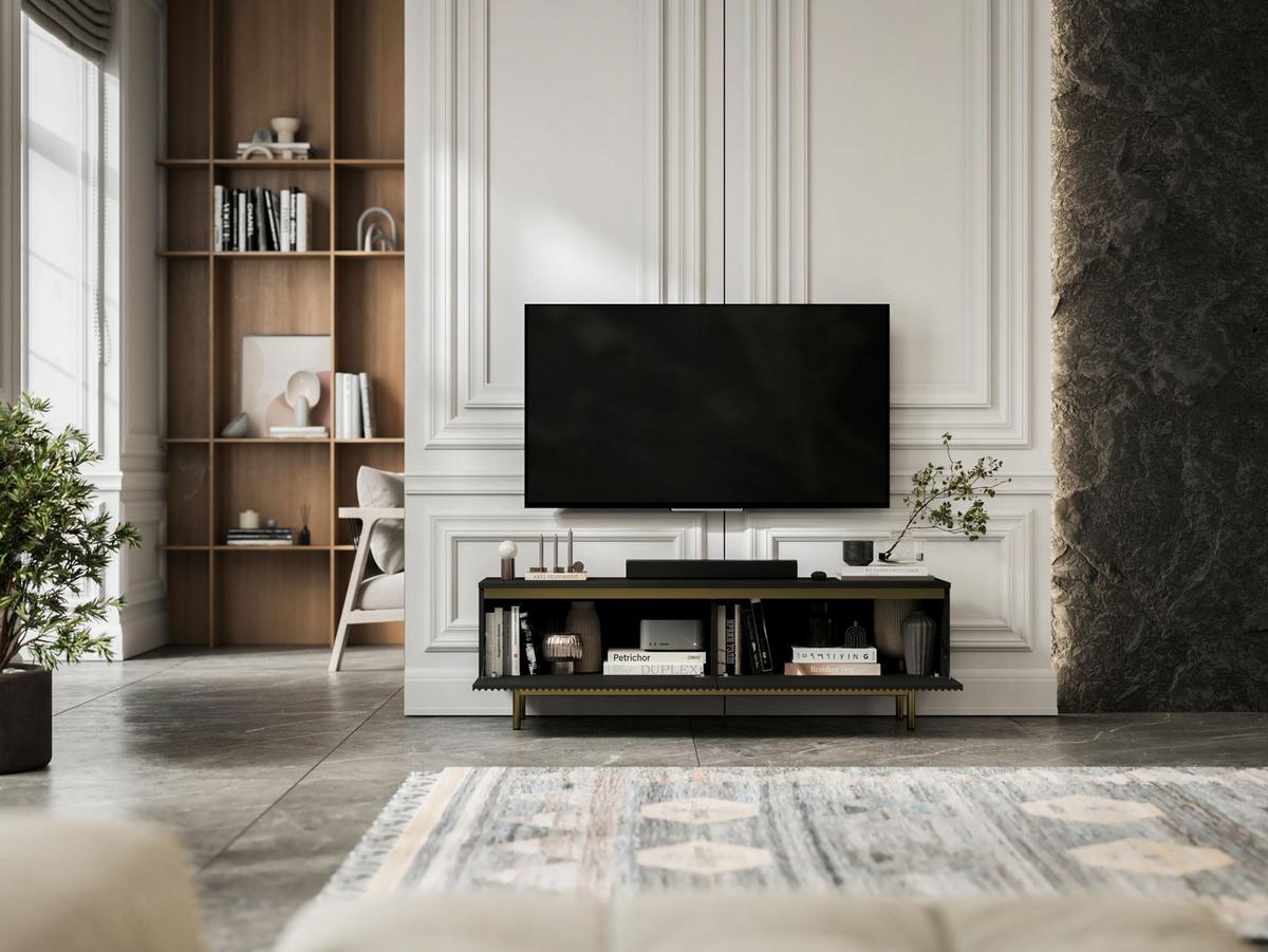 TV-SCHRANK Selene Schwarz Matt 140 cm mit Metallrahmen Glamour - Goldfarben/Schwarz, Holzwerkstoff (140/44/35cm) - Meble Lindner