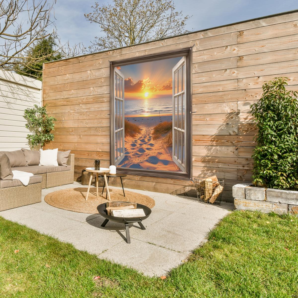 GARTENPOSTER Durchblick - Strand - Dünen - Sonnenuntergang Gartendekoration 120x160 cm - Orange, Kunststoff (120/160/0.2cm) - OnlyWow