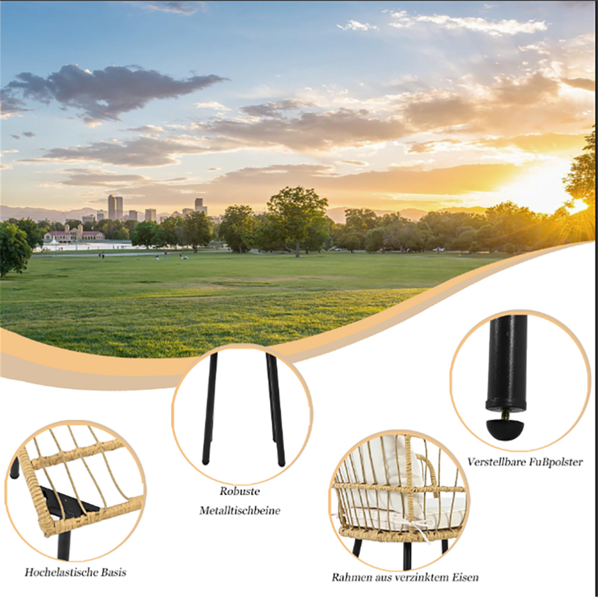 LOUNGEGARNITUR 5-tlg. Rattan Natur & Weiß Balkonmöbel mit Tisch, 2 Stühlen & 2 Hockern - Naturfarben, Textil - Urban Meuble