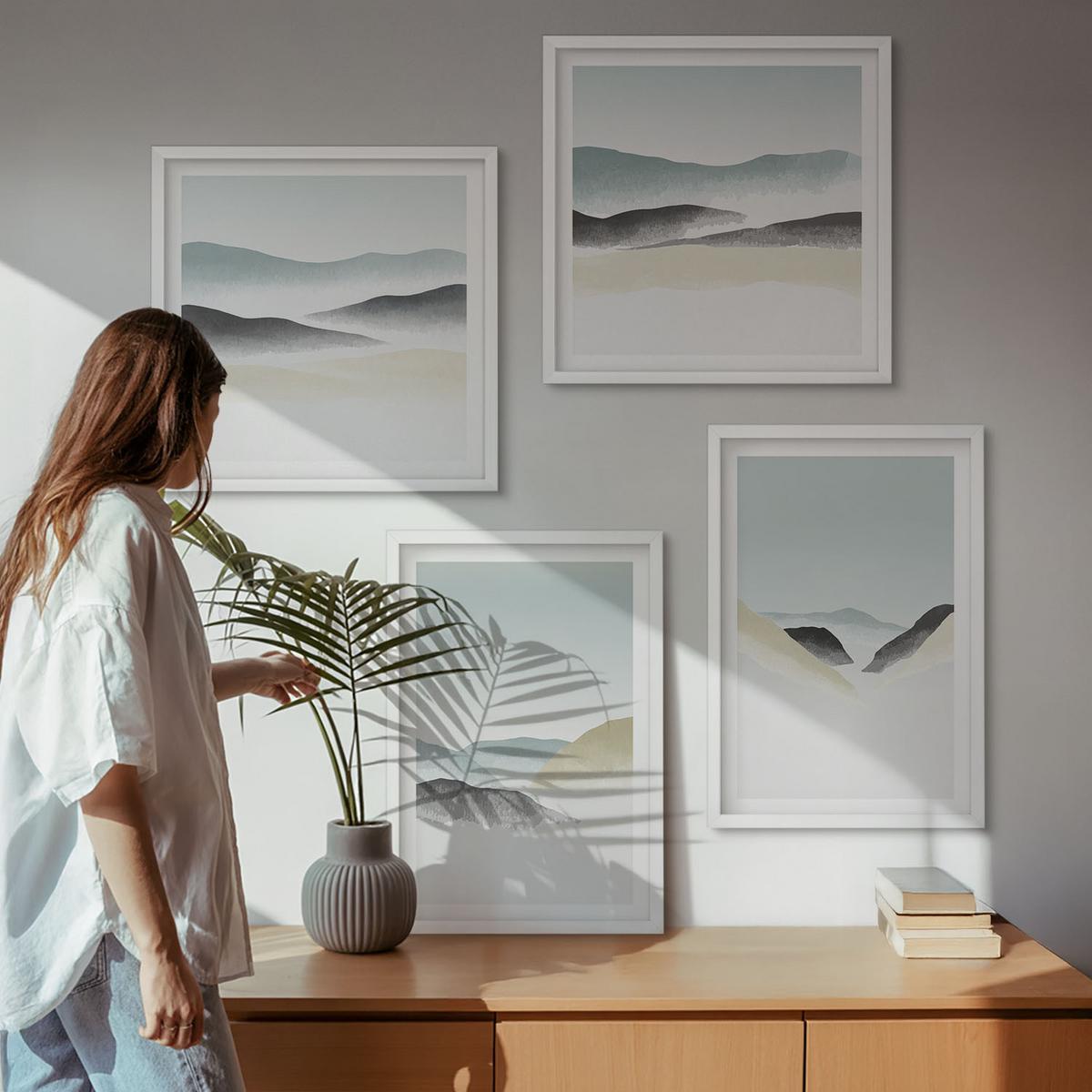 BILDER SET 4er Set - 50x50 cm & 40x60 cm Weißer Rahmen - Berge minimalistische Pastellfarben - Weiß, Kunststoff (50/50cm) - TULUP