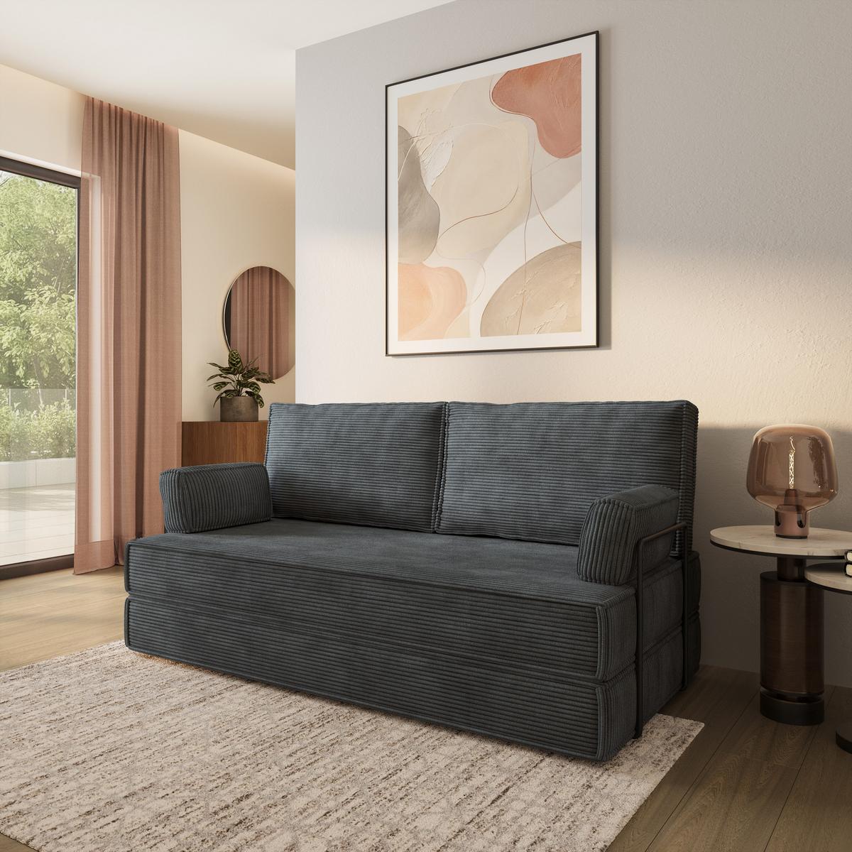 BETTSOFA SILAR aus Schaumstoff Kordstoff Grau Schlaffunktion - Dunkelgrau, Textil (170/86/80cm) - MASSENO