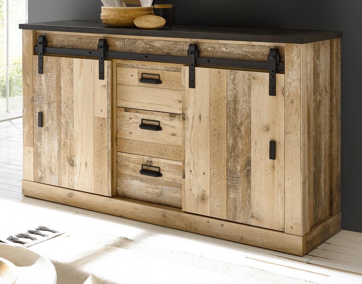 ESSZIMMER-SET Used Wood hell, anthrazit, Speisezimmer 3-teilig mit Esstisch, Vitrine Sideboard - Eichefarben/Anthrazit, Holzwerkstoff (275/201/80cm) - Furn.Design