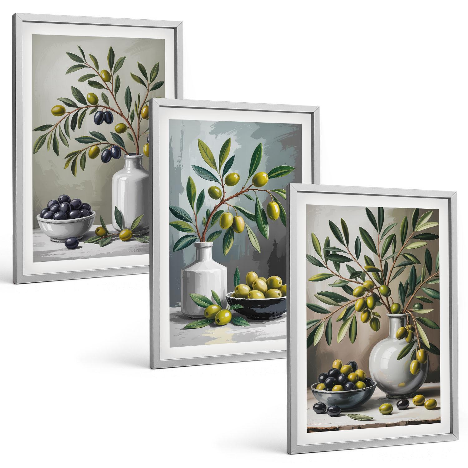 BILDER SET 3er Set - 40x60 cm Silberner Rahmen - Keramik olivgrau - Silberfarben, Kunststoff (40/60cm) - TULUP