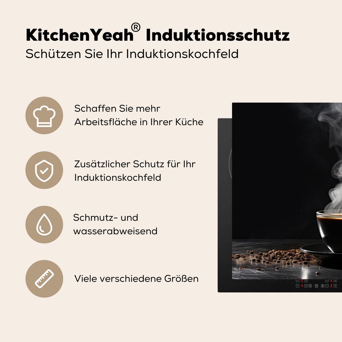 HERDABDECKPLATTE Kaffee - Schwarz - Bohnen - Heiß - Tasse Herdabdeckung Induktionsfeld 75x52 cm - Schwarz, Kunststoff (75/52/0.2cm) - MuchoWow