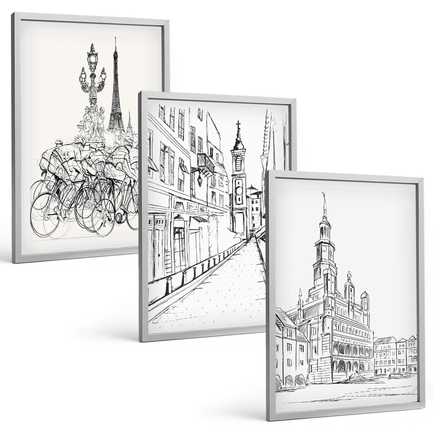 BILDER SET 3er Set - 40x60 cm Silberner Rahmen - Einfache Zeichnungen von Stadtlandschaften - Silberfarben, Kunststoff (40/60cm) - TULUP