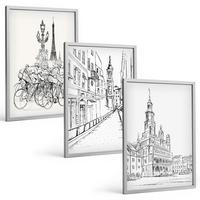 BILDER SET 3er Set - 40x60 cm Silberner Rahmen - Einfache Zeichnungen von Stadtlandschaften - Silberfarben, Kunststoff (40/60cm) - TULUP