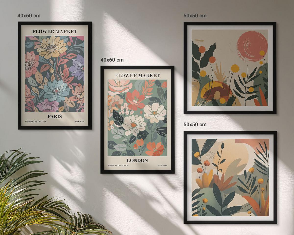 BILDER SET 4er Set - 50x50 cm & 40x60 cm Schwarzer Rahmen - Blumenposter Paris London - Schwarz, Kunststoff (50/50cm) - TULUP