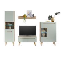 WOHNWAND 4-teilig Pistazie grün, Eiche, skandinavisch 290 cm, Wohnkombination mit Soft-Close - Eichefarben/Pastellgrün, Glas/Eichenholz (290/197/40cm) - Furn.Design