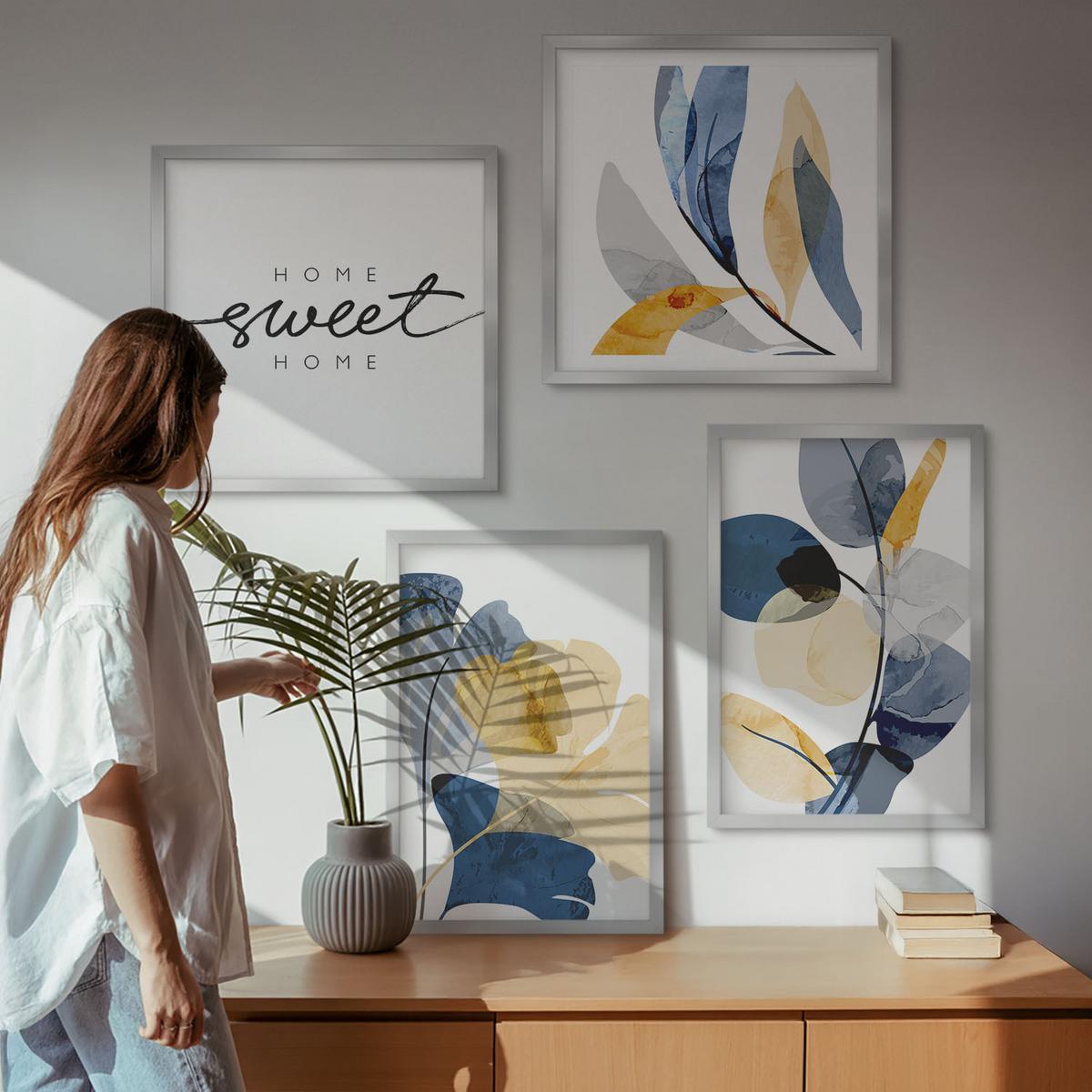 BILDER SET 4er Set - 50x50 cm & 40x60 cm Silberner Rahmen - Aquarell-Pflanzenmotive - Silberfarben, Kunststoff (50/50cm) - TULUP