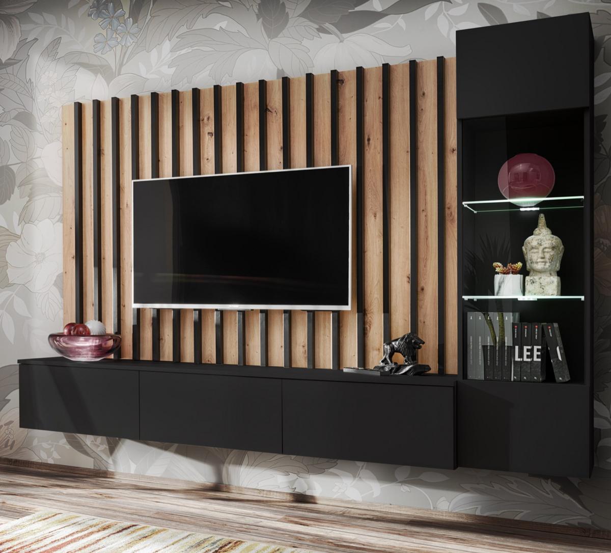 WOHNWAND schwarz, Artisan Eiche 220 cm, Schrankwand inkl. LED Beleuchtung - Schwarz/Eiche Artisan, Glas/Holzwerkstoff (220/148/35cm) - Furn.Design
