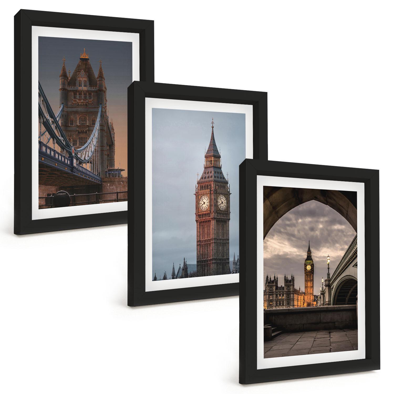 BILDER SET 3er Set - 20x30 cm Schwarzer Rahmen - London Bridge Big Ben Uhr - Schwarz, Kunststoff (20/30cm) - TULUP