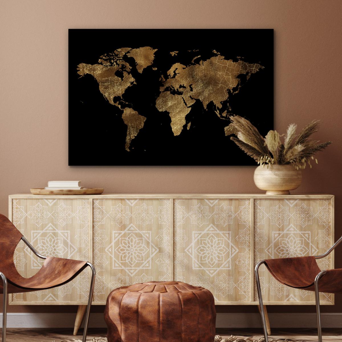 METALLBILD Weltkarte - Gold - Luxus - Erde - Schwarz Deko Groß 120x80 cm - Goldfarben, Metall (120/80cm) - MuchoWow