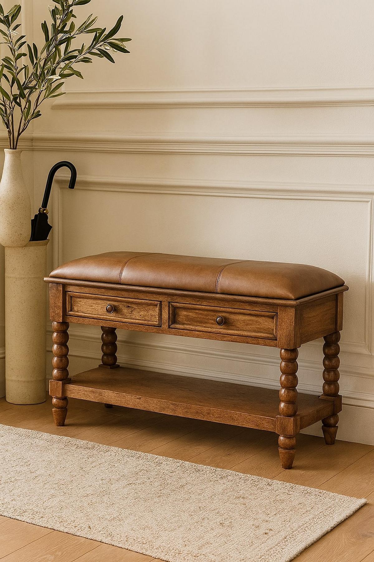 SITZBANK mit Amber-Eichen-Finish, 2 Schubladen, 1 offene Ablage, hellbraun. - Hellbraun, Holz (90/55/35cm) - Artisan Furniture