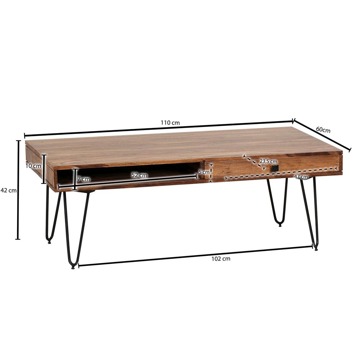 COUCHTISCH Massivholz mit Metallbeinen im Landhausstil, Dunkelbraun 60x110x40 cm - Schwarz/Braun, Holz/Metall (110/60/40cm) - KADIMA DESIGN