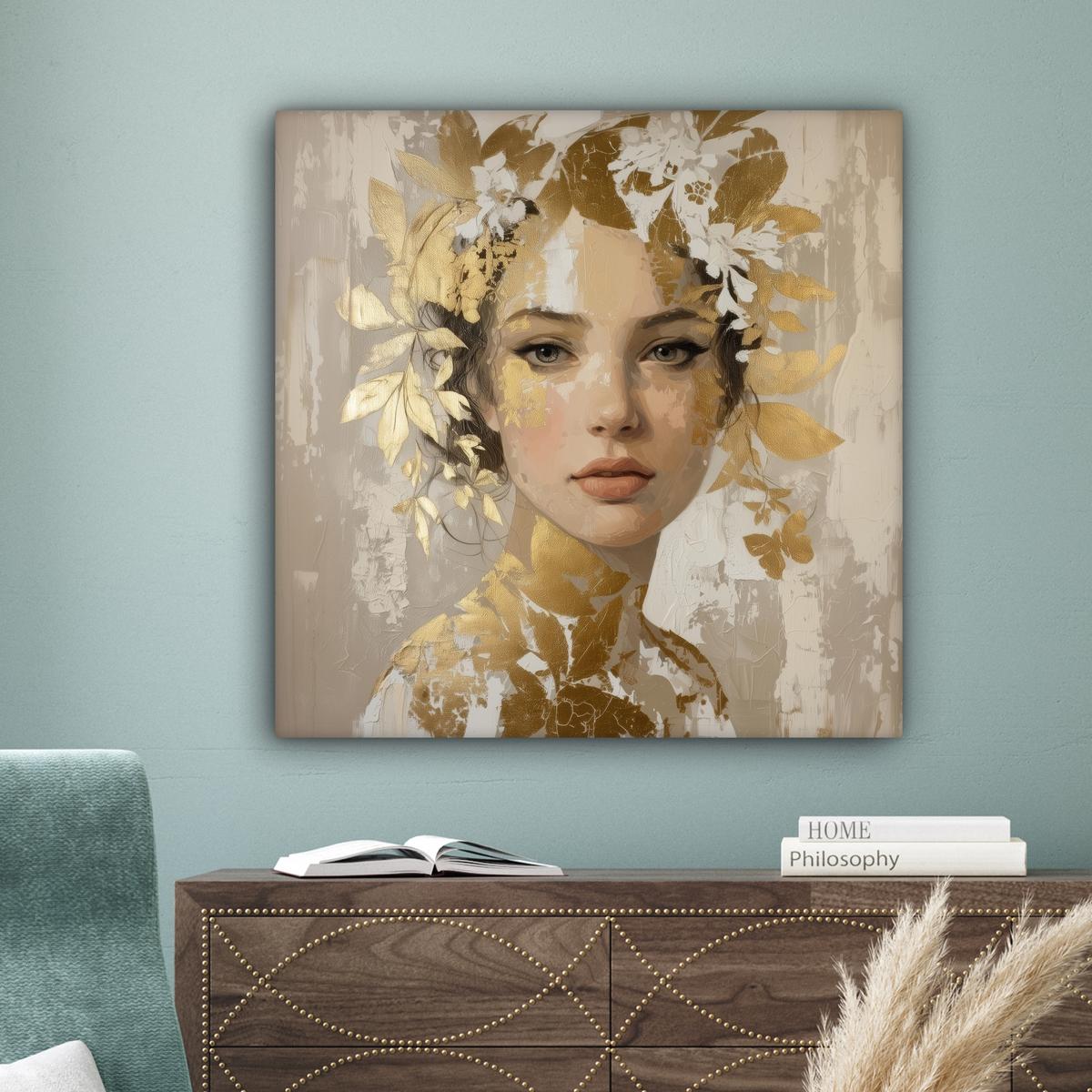 LEINWANDBILD Gesicht - Frau - Blätter - Gold Deko Groß 90x90 cm - Beige, Textil (90/90cm) - MuchoWow