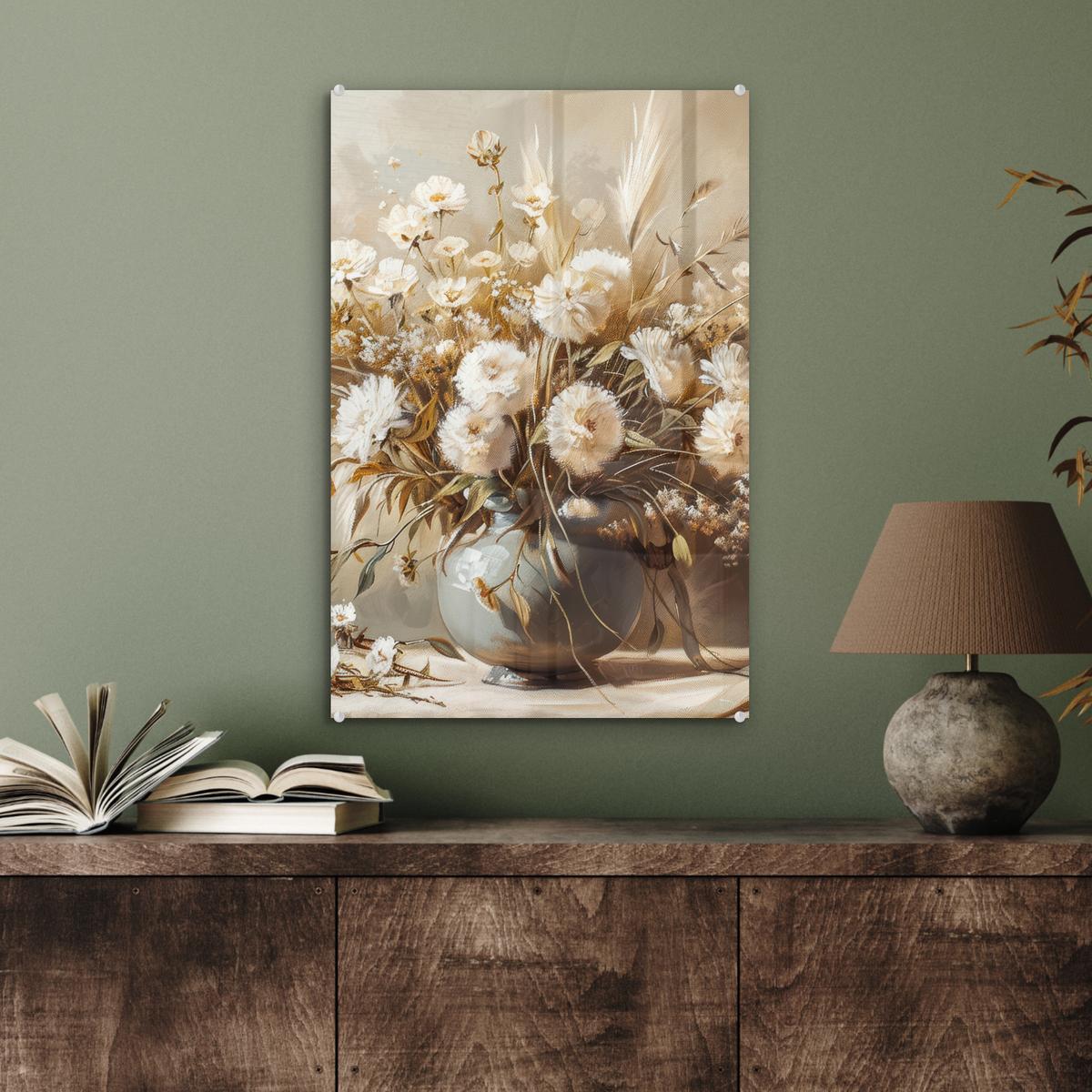 ACRYLGLASBILD Blumen - Vase - Stilleben - Beige Wanddeko Wohnzimmer 40x60 cm - Creme, Glas (40/60cm) - MuchoWow