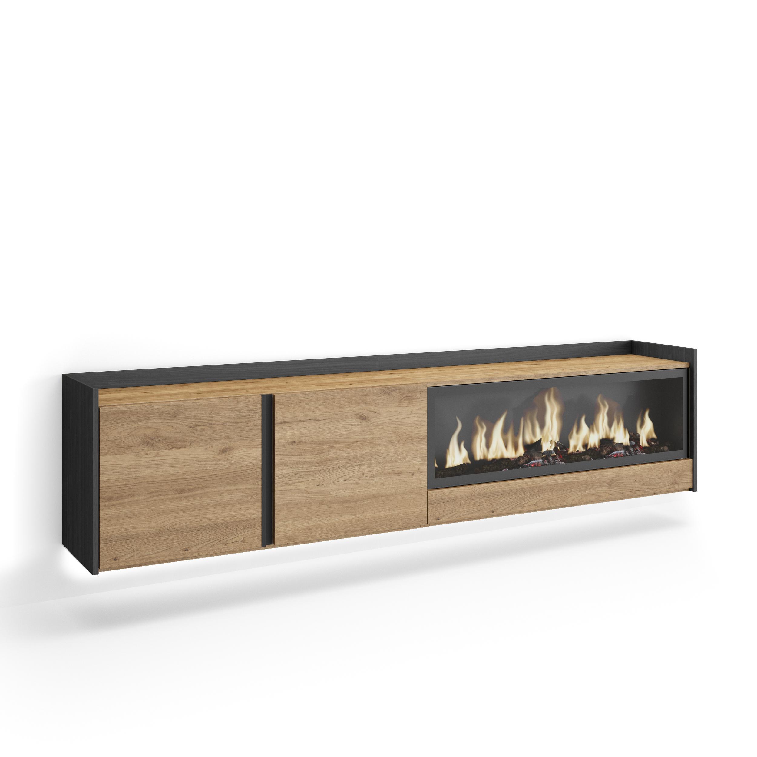 LOWBOARD, Eiche und Schwarz, 212/35/50cm, Kamin mit Feuereffekt XXL - Eichefarben, Holzwerkstoff (212/50/35cm) - Skraut Home