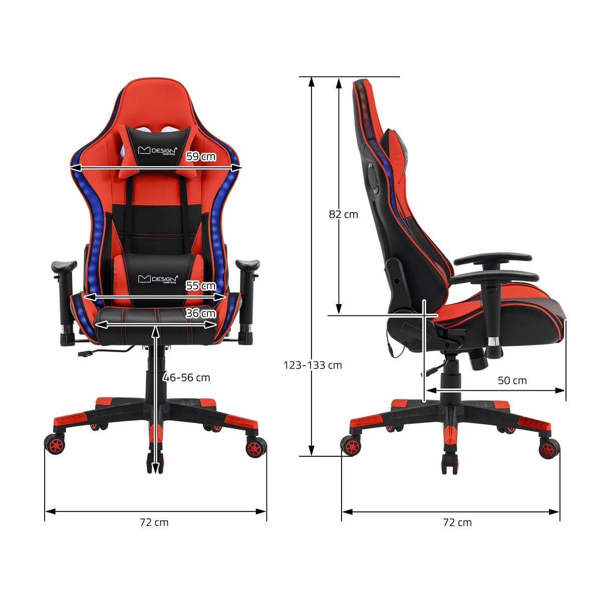 GAMINGSTUHL mit RGB Licht und Lautsprecher, Rot, aus Kunstleder - Rot/Schwarz, Kunststoff/Metall (72/133/72cm) - ML-DESIGN