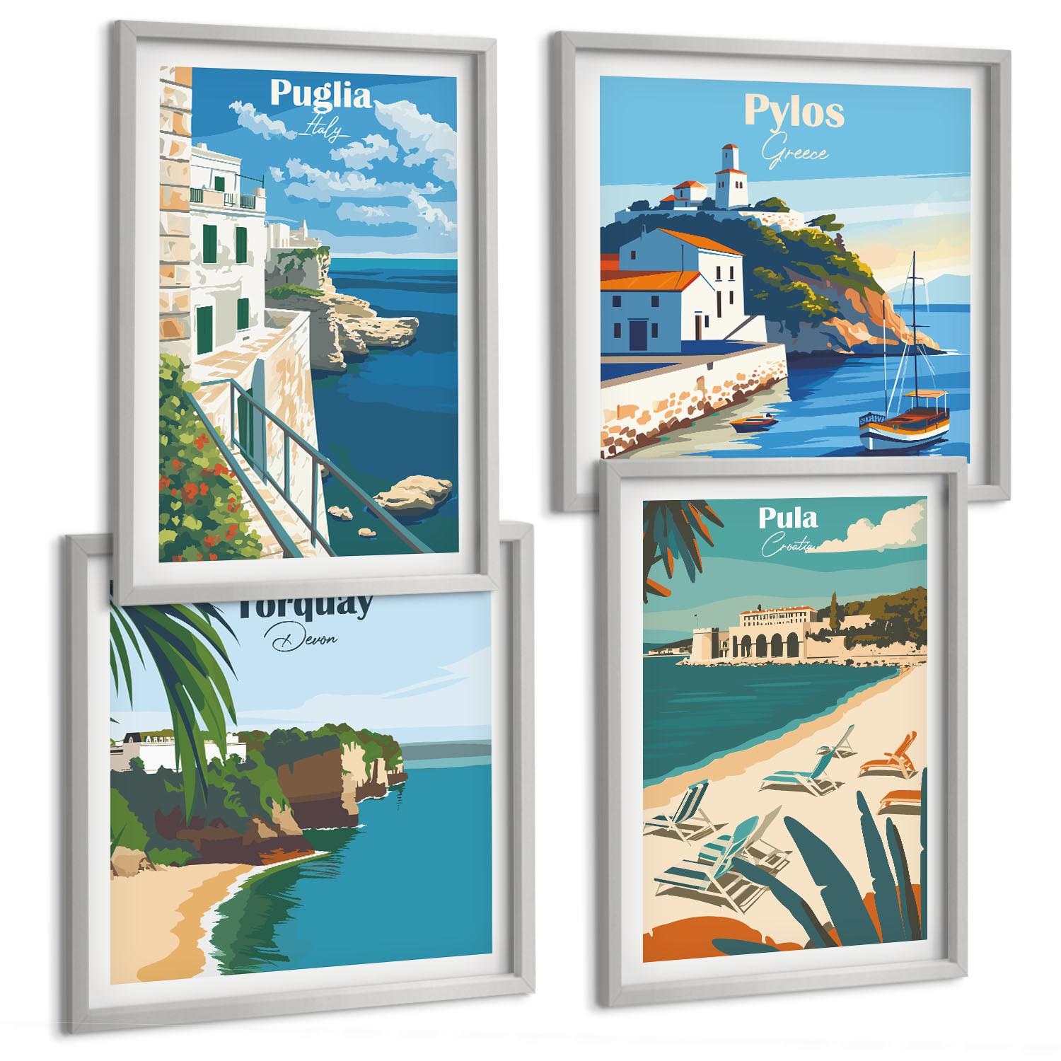 BILDER SET 4er Set - 50x50 cm & 40x60 cm Silberner Rahmen - Touristische Küstenlandschaften - Silberfarben, Kunststoff (50/50cm) - TULUP