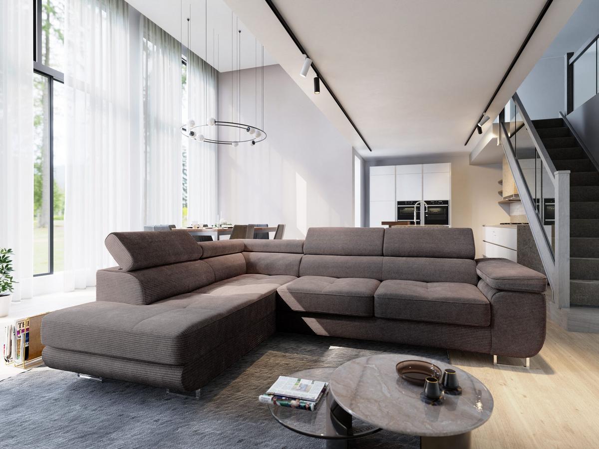 ECKSOFA APIRO L-S Braun Kordstoff mit Schlaffunktion - Silberfarben/Braun, Holz/Textil (276/202cm) - MASSENO