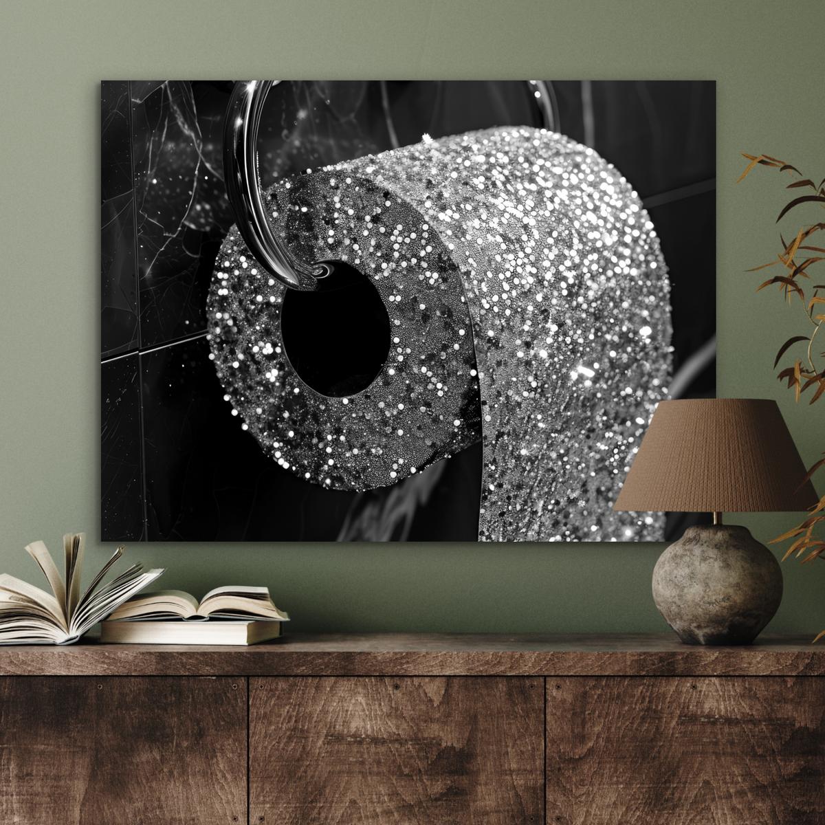METALLBILD WC - Toilettenpapier - Schwarz und weiß - Glitter 80x60 cm - Silberfarben, Metall (80/60cm) - MuchoWow