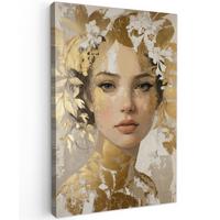 LEINWANDBILD Gesicht - Frau - Blätter - Gold Deko XXL 80x120 cm - Beige, Textil (80/120cm) - MuchoWow