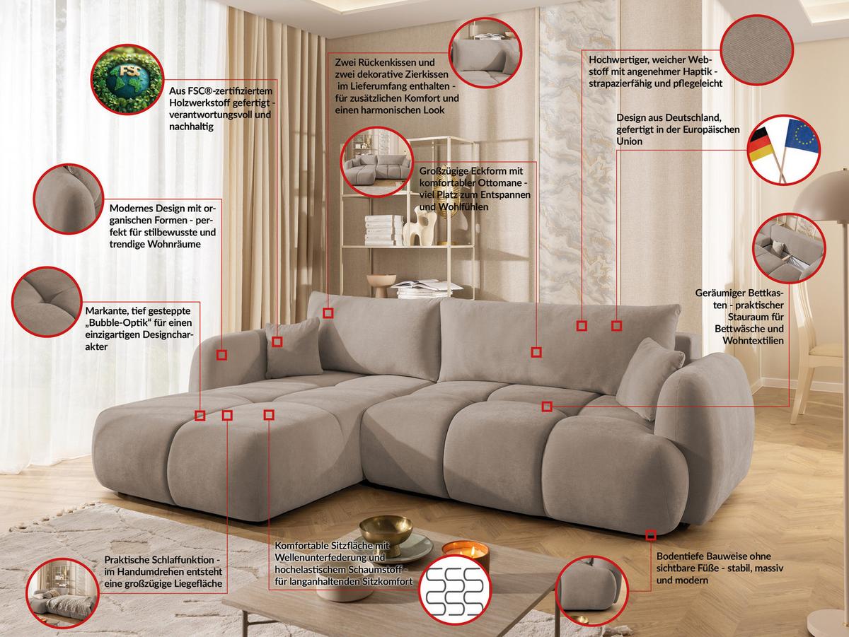 ECKSOFA Loretto aus natürlichem Greige Webstoff mit Schlaffunktion, Bettkasten und tiefen Steppungen in Bubble-Optik - Greige/Schwarz, Holz/Kunststoff (180/275cm) - S-Style