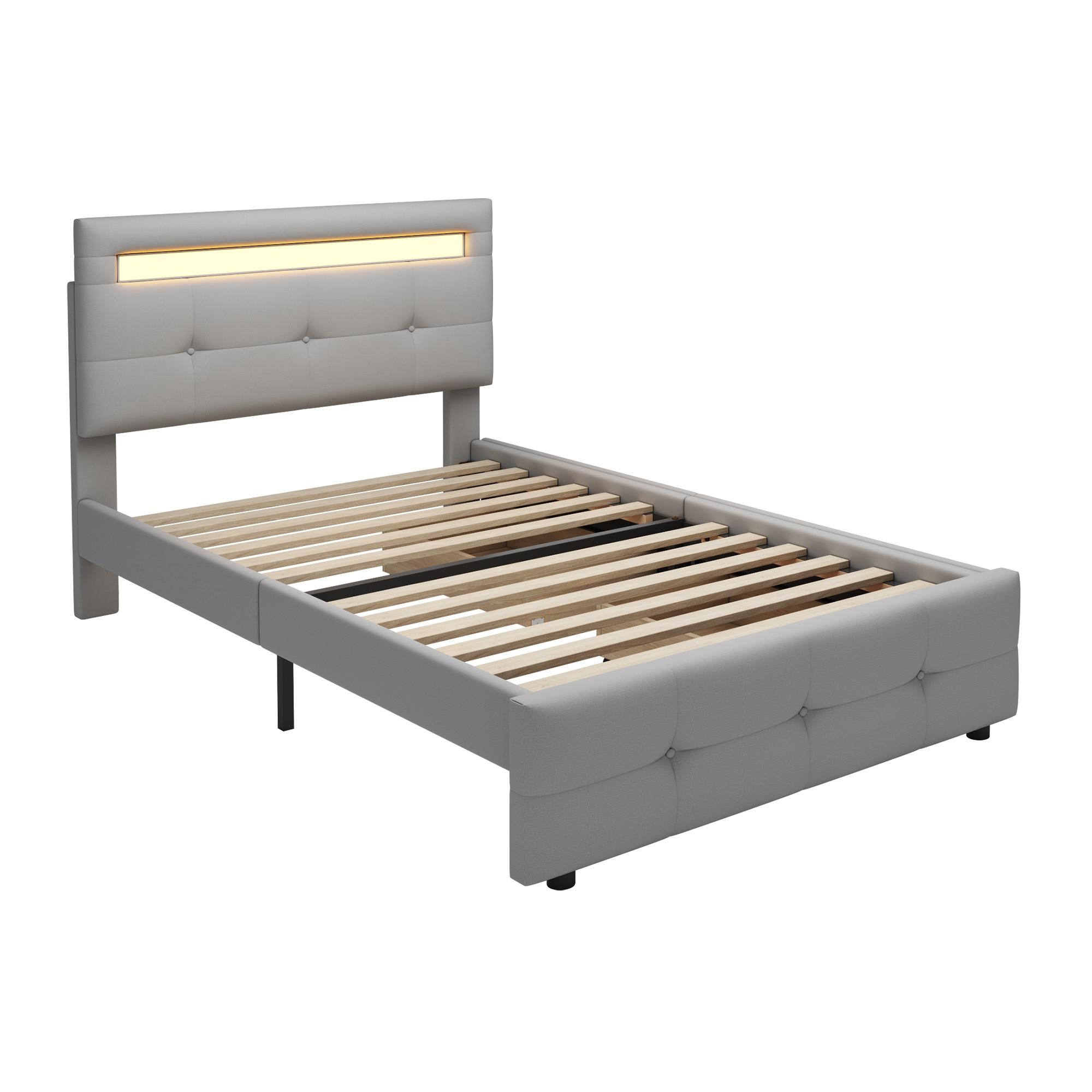 POLSTERBETT 90x200 cm in Leinen-Optik Grau mit LED-Beleuchtung & 2 Schubladen - Grau, Textil (90/200cm) - Urban Meuble
