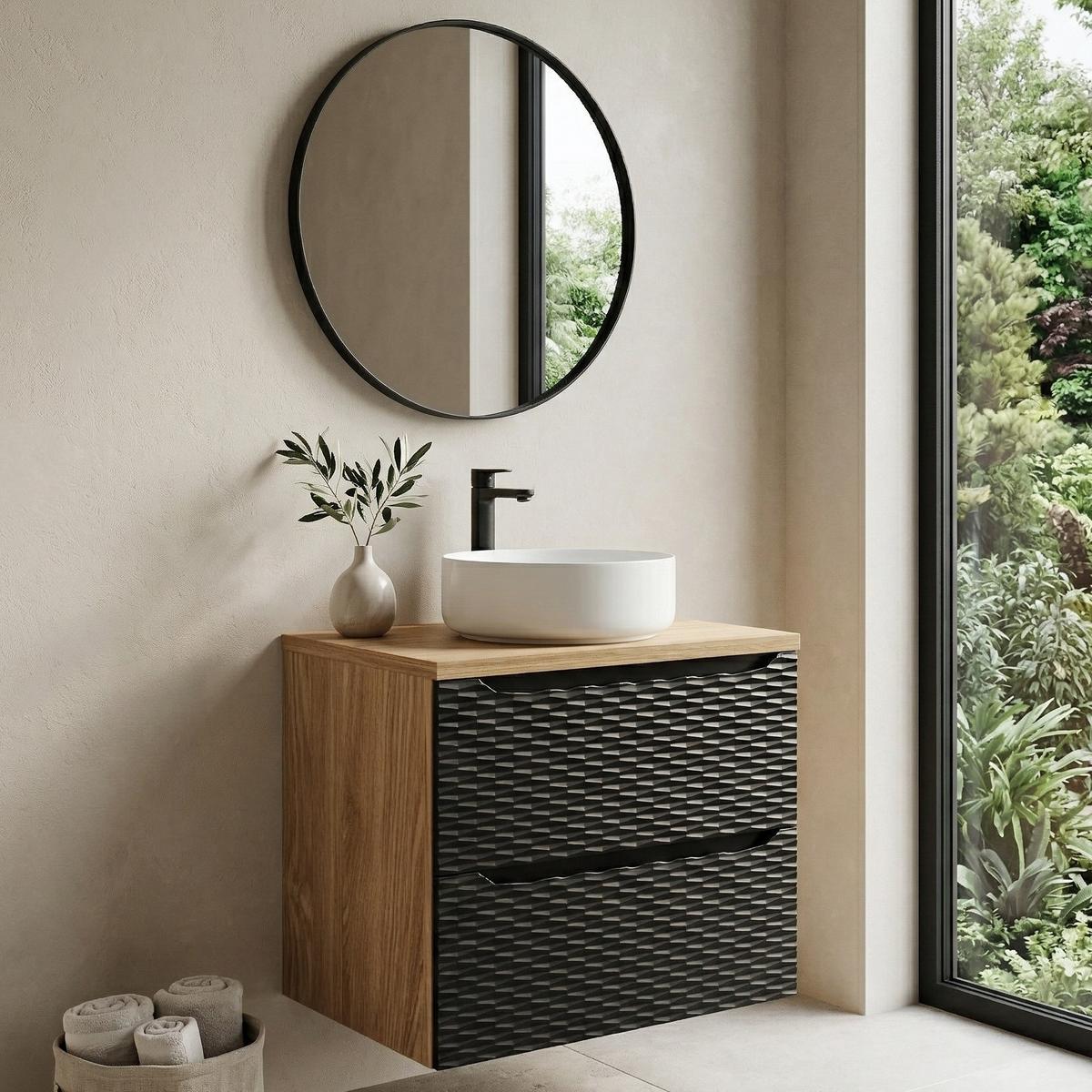 WASCHBECKENUNTERSCHRANK Ocean 2 Schubladen Schwarz Matt mit Eiche - 60 x 46 x 59 cm - Eichefarben/Schwarz, Holz (60/59/46cm) - Badplaats